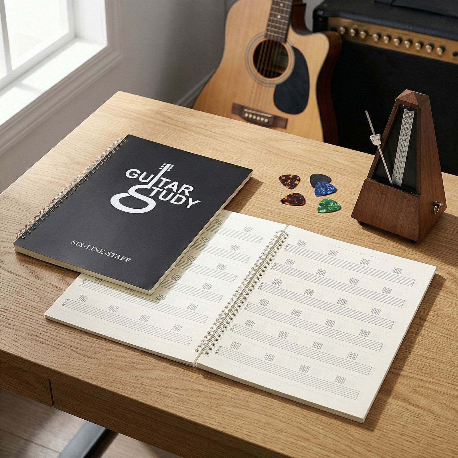 Blank Sheet Music Notebook - ギター用楽譜ノート2冊セット。6弦用、無地の楽譜用紙、作曲ノート、コードと指使いの図表、音楽作曲用。